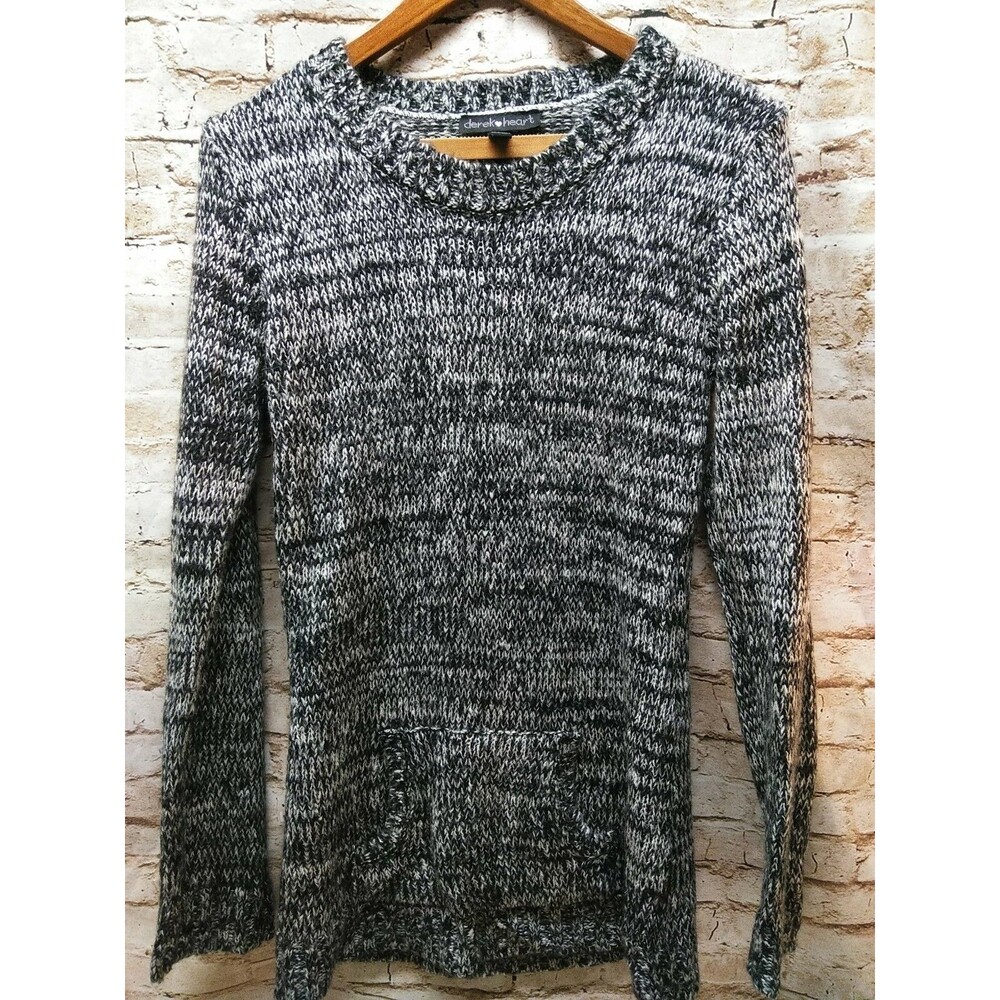 Derek Heart Womens Sweater Size XL Black White Marbled Fitted Kangaroo Pockets